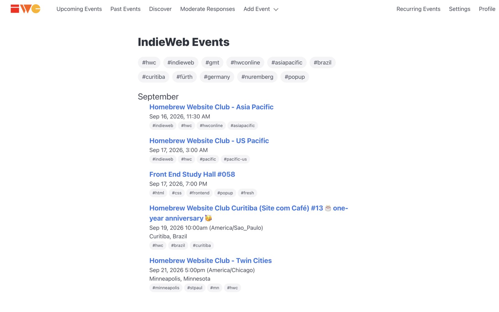 The Meetable home page, showing a list of upcoming events
